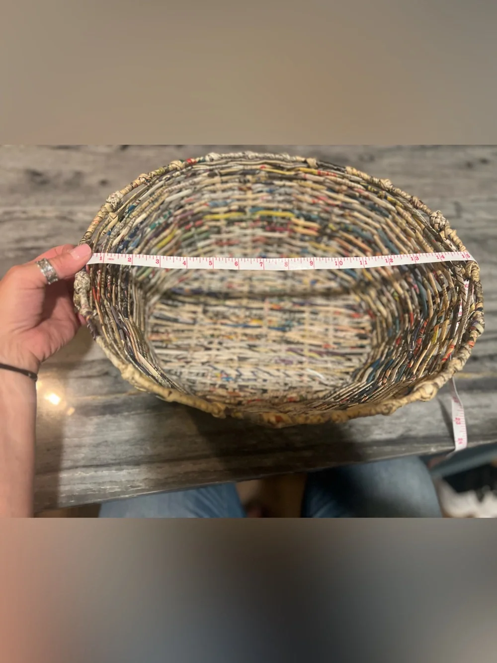 Vintage Handwoven Recycled Newspaper Basket with Handles -Boho Eco-Friendly